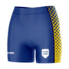 Customizable blue short tights with yellow accents and a sample club logo on the lower right thigh area. The brand 'KPI' is visible on the hem.